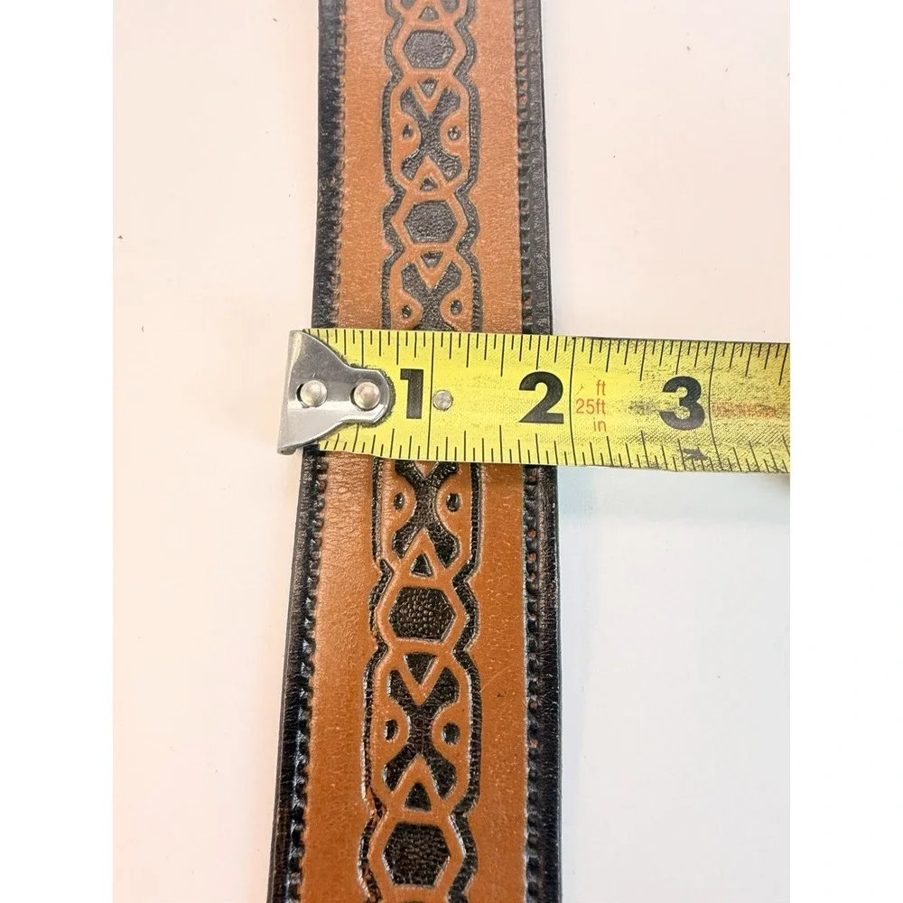 Hand Tooled Leather Belt Black Geometric Accents Vintage 38